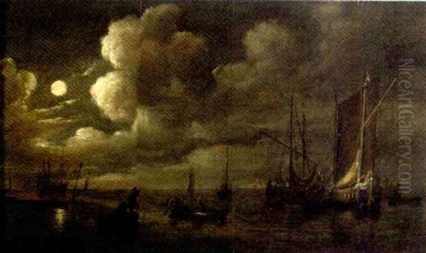 A Moonlit Seascape With Fishermen At Work In Their Boats - view 1