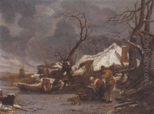 Winterlandschaft Mit Bauern Bei Einem Schlitten