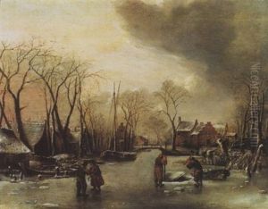 Paysage De Neige Avec Villageois Brisant La Glace