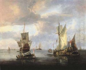 An Estuary At Sunset With A States Yacht  Firing A Salute As A Three-master Is About To Anchor