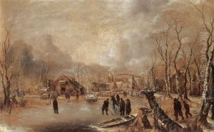 A Winter Landscape With Skaters And Kolf Players On A Frozen Waterway By A Village