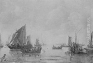 Dutch Vessels On An Estuary With Figures In A Ferry