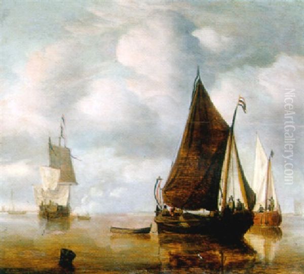 A Calm: A Dutch Wijdschip At Anchor In An Estuary With A Threemaster Firing A Salute Beyond - view 1