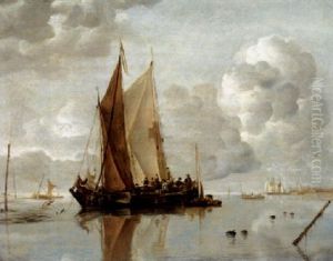 Shipping In Calm Waters Off An Estuary, A Harbor Town In The Distance by Jan Van De Cappelle