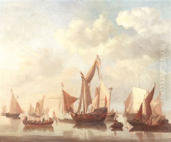 Segelschiffe Vor Einer Hafenstadt In Ruhiger See - view 1