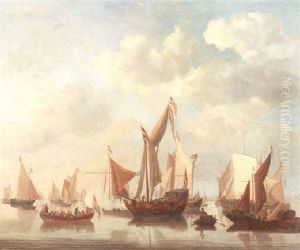 Segelschiffe Vor Einer Hafenstadt In Ruhiger See by Jan Van De Cappelle