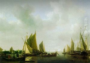 Ships In A Calm Estuary by Jan Van De Cappelle