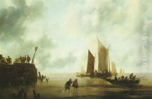 A Seascape With Fishermen And Figures On A Pier by Jan Van De Cappelle