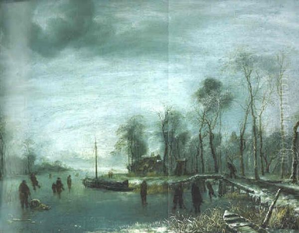A Winter Landscape With Skaters And Colf Players On A Frozen Waterway - view 1