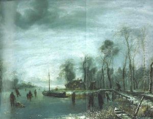 A Winter Landscape With Skaters And Colf Players On A Frozen Waterway by Jan Van De Cappelle