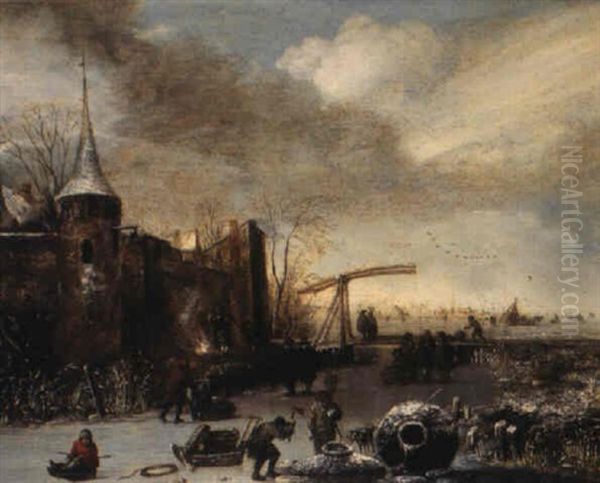 Winter Landscape With A Castellated Manor House And Figures On Ice - view 1