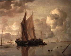 Shipping In Calm Waters Of An Estuary, A Harbor Town In The Distance