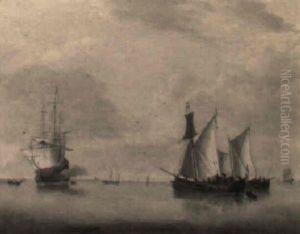 A Calm: A Three-master Firing A Salute Towards Sailing Vessels At Anchor