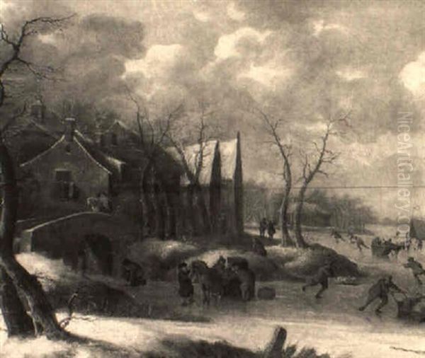 A Village By A River In Winter With Skaters And Horse-drawn Sledges - view 1