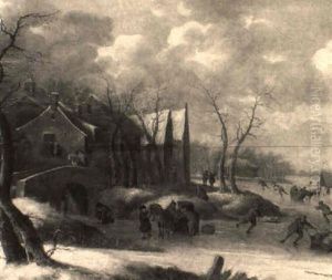A Village By A River In Winter With Skaters And Horse-drawn Sledges
