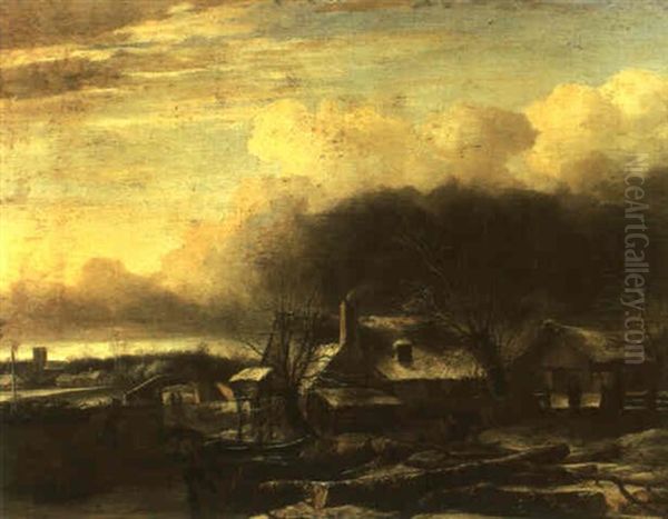 Winter Landscape With A Man Gathering Faggots On A Frozen Pond - view 1