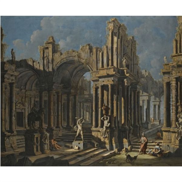 An Architectural Capriccio With A Statue Of Hercules And Figures In Classical Costume - view 1
