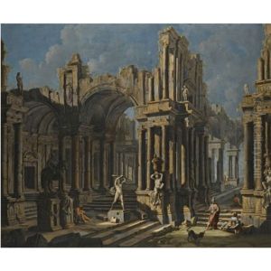 An Architectural Capriccio With A Statue Of Hercules And Figures In Classical Costume by Pietro Cappelli