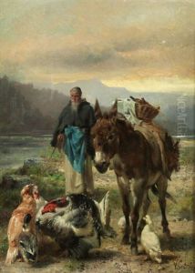 Monch Mit Einem Esel Beim Heimtrieb Von Federvieh by Vincenzo Caprile