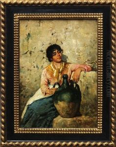 Young Girl In Repose With A Jug by Vincenzo Caprile