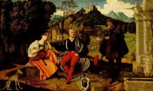 A Pair Of Lovers And A Pilgrim In A Landscape by Domenico CAPRIOLO