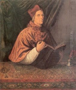 Portrait Of Cardinal Domenico Grimani (1461-1523), Seated   Three Quarter Length, Holding A Book Before A Table