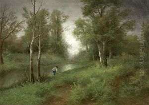 Figure Fishing Along Forest Stream Figure Fishing Along Forest Stream