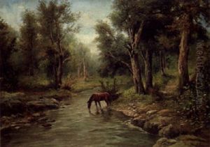 A Horse Watering In A Wooded River Landscape by Francesco Capuano