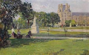 A Quiet Afternoon In The Tuileries Gardens, With A View Of The Louvre, Paris by Ulisse Caputo