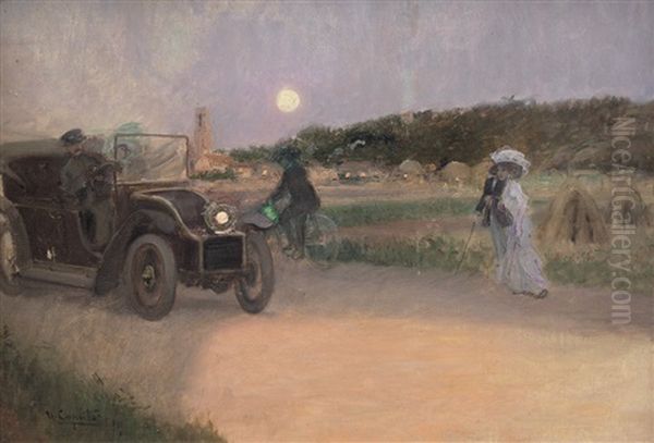 Paesaggio Con Figure E Auto D'epoca - view 1