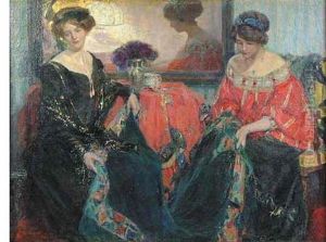 Two Women Seated At An Interior Table by Ulisse Caputo