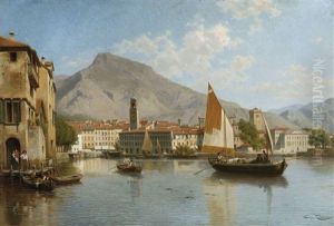 A View Of The Riva Village On The Shores Of Lake Garda (italy) by Jacques Francois Carabain