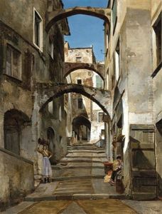 A Street Scene In San Remo by Jacques Francois Carabain