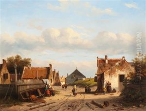 Activity In A Dutch Village On The Coast by Jacques Francois Carabain