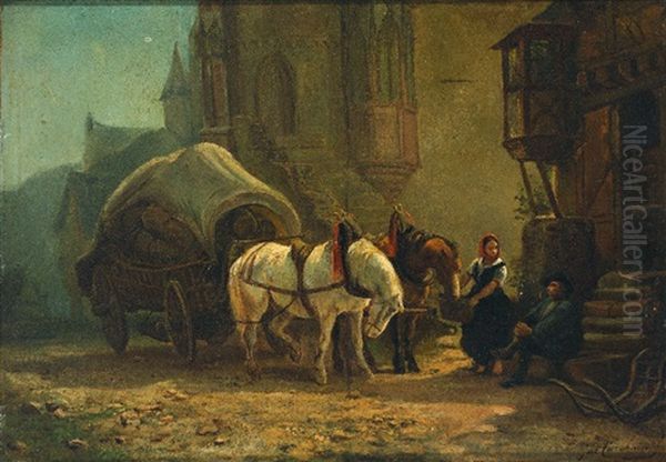Rastender Fuhrmann Mit Planwagen. Eine Magd Futtert Die Pferde - view 1