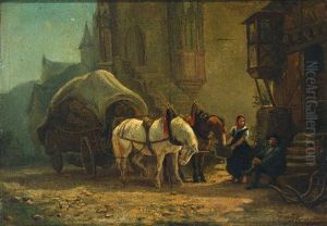 Rastender Fuhrmann Mit Planwagen. Eine Magd Futtert Die Pferde
