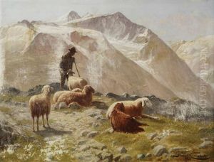Paysage Montagneux Et Enneige Anime D"un Berger Aux Moutons by Jacques Francois Carabain