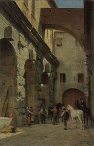 A Blacksmith Fitting Horseshoes In A Roman Courtyard