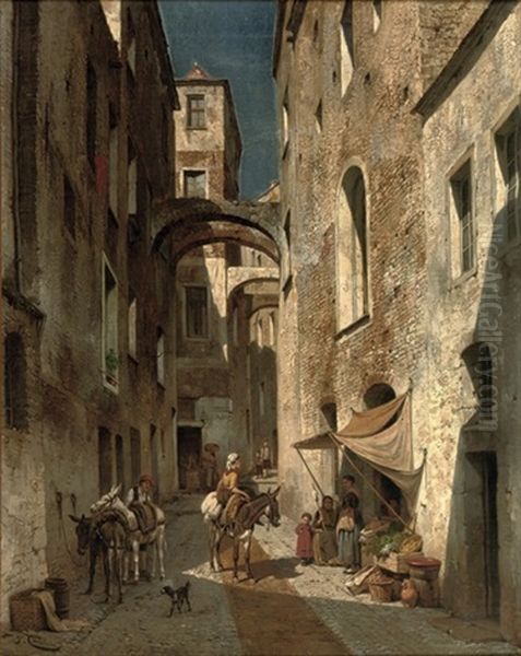 Figures In A Sunlit Street In Bordighera, Italy - view 1