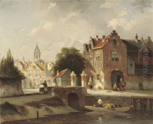 A Sunlit Town With Figures On A Quay - view 1