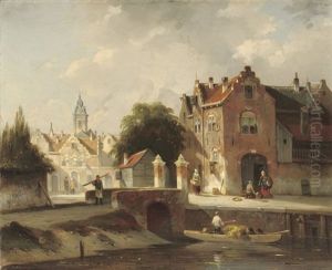 A Sunlit Town With Figures On A Quay