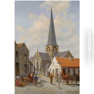 Figures On A Market Place At The Church Of Sint Kwintens Lennik, Belgium by Jacques Francois Carabain