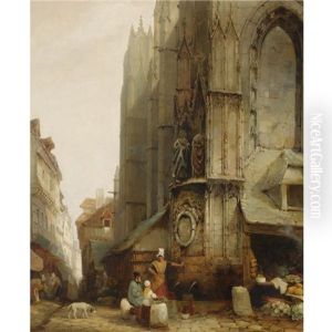 A Market Scene In Front Of A Gothic Cathedral