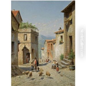 Figures In The Streets Of Frosinone, Italy by Jacques Francois Carabain