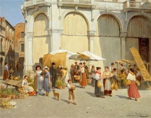 Blumen- Und Fruchtemarkt In Padua by Jacques Francois Carabain