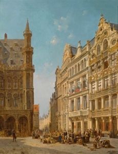 Many Figures At An Auction On The Grande Place In Brussels by Jacques Francois Carabain