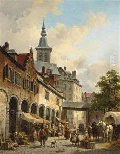A Busy Market On A Town Square by Jacques Francois Carabain