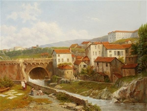Paysage Montagneux Avec Lavandiere Et Enfants Le Long D'une Riviere - view 1