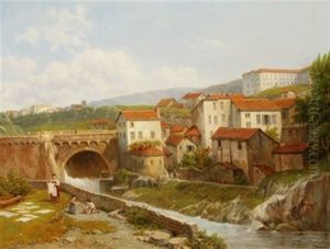 Paysage Montagneux Avec Lavandiere Et Enfants Le Long D'une Riviere by Jacques Francois Carabain