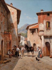 Villagers In A Sunlit Street by Jacques Francois Carabain